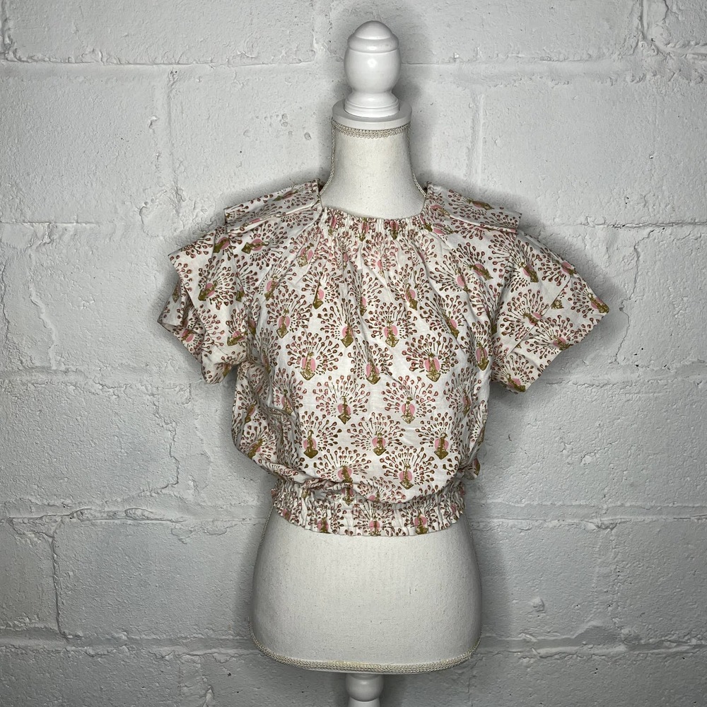Floral Print Short-Sleeve Blouse in Cream and Pink